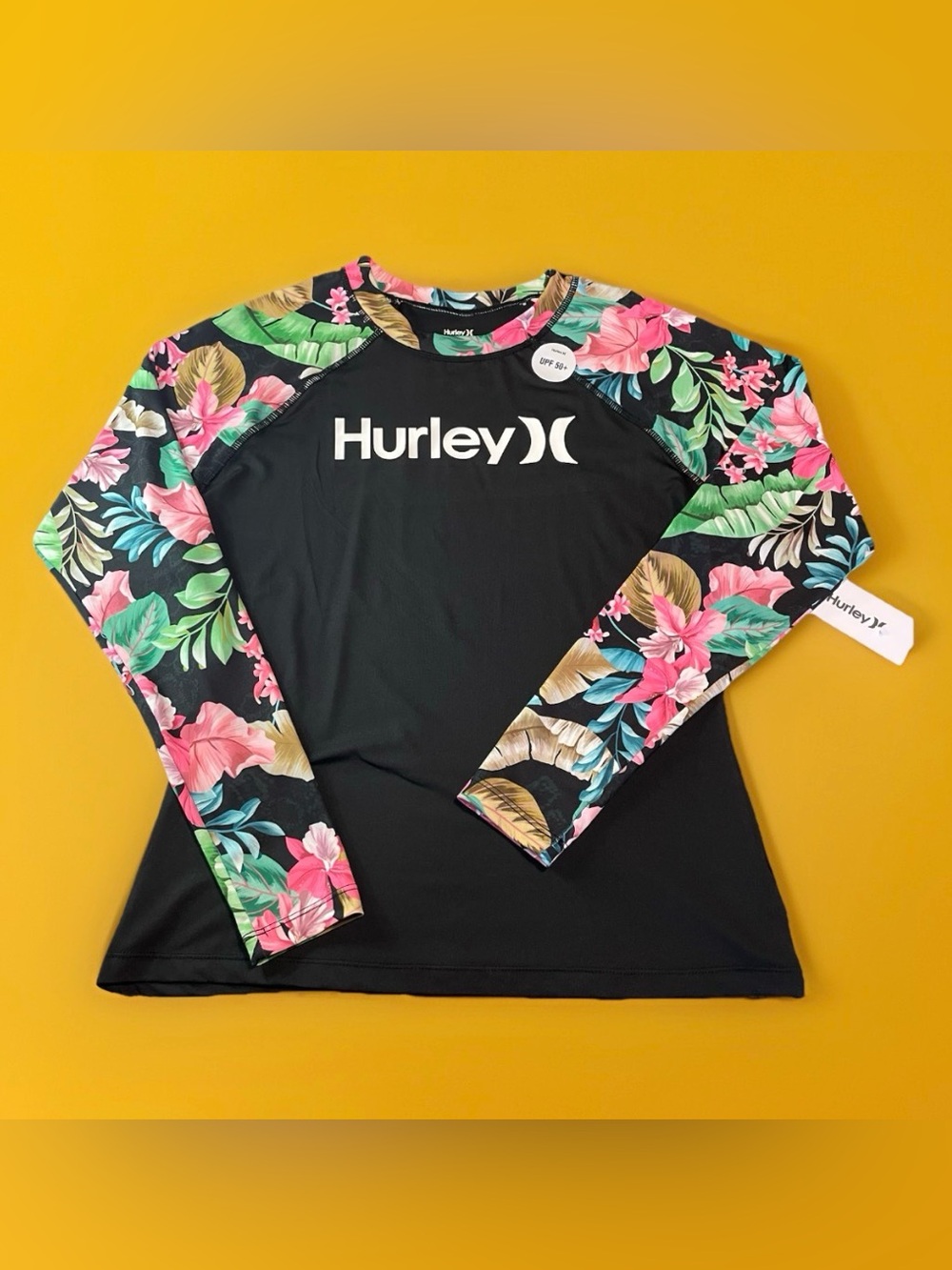 Hurley Women's Long Sleeve Rash Guard NWT Floral Black UPF 50+ Swim Shirt Medium